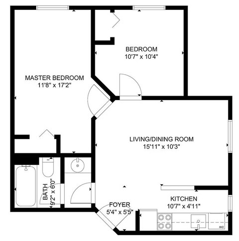 Floor plan for 1 bed, 1 bath, 366 sqft
